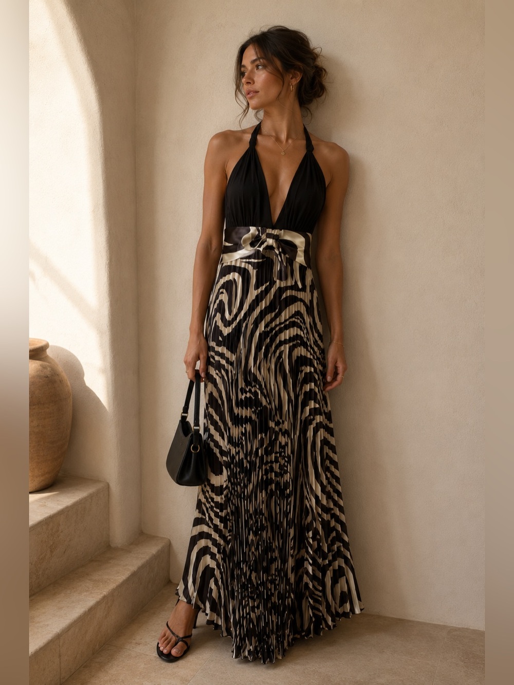 NWT VTG Betsy Adam By Linda Bernell‎ Sz 4 Halter Prom Pleated Maxi Dress Novelty